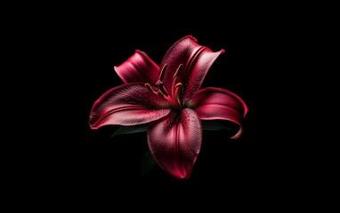 Dramatic red lily backlit on black, Provia film tones with graceful curves, exotic floral bold colors in dark orange and amber