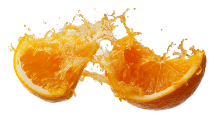 Two orange halves colliding with juice splashing, vibrant effect. cut out transparent