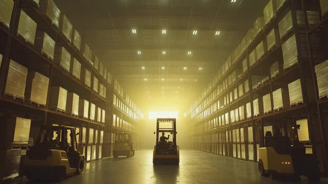 A warehouse with forklifts driving around. The warehouse is very large and the forklifts are moving around the aisles