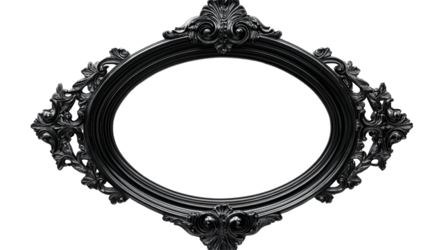 Black oval frame with ornate vintage design flourishes. cut out transparent
