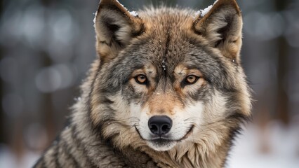 "Close-Up of Wild Grey Wolf with Snow-Dusted Muzzle in Winter Forest"