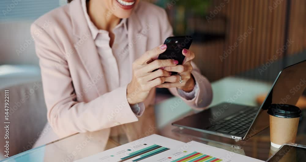 Aufkleber typing, smile and phone with business woman in office for networking, client portfolio and company a