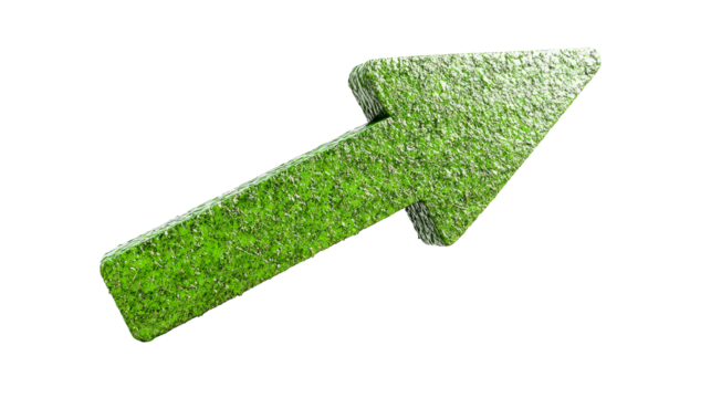 Upward Directional Arrow Covered in Fresh Green Grass. cut out transparent
