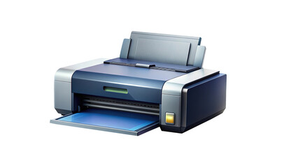 A sleek and modern blue and silver printer on a white background