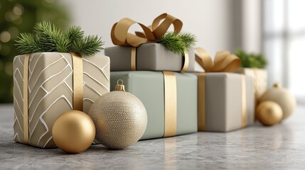Pile of exquisitely wrapped Christmas gifts with festive greenery and illuminated ornaments - stack berries decorations branches Christmas