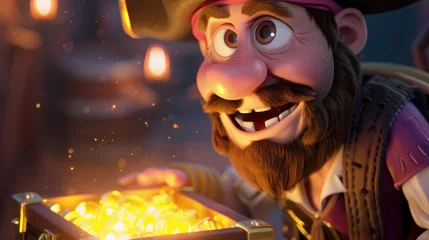 Animated pirate character with glowing treasure chest.