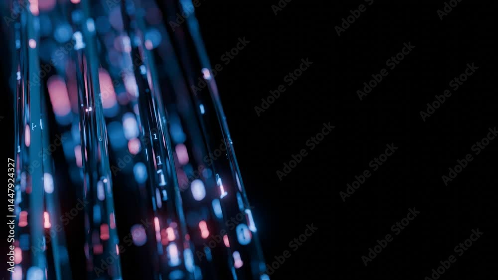 Poster Glowing Binary Code Streams in Blue and Pink Flowing Through Dark Digital Space Representing Data Transmission and Futuristic Technology. Seamless loop