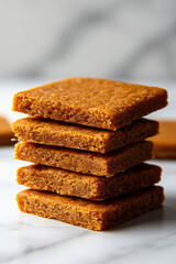 Delicious stack of five golden blondies on marble surface