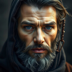 Portrait of a Mature Man with Long Grey Beard Wearing Dark Hooded Robe Mysterious Intense Gaze