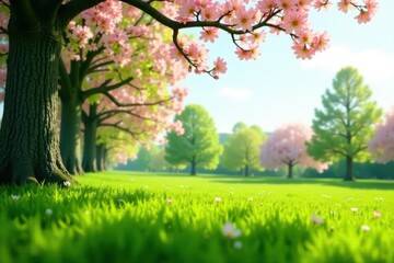 Naklejka premium Crisp green grass, soft focus spring trees, clear sky, sky, grass, meadow
