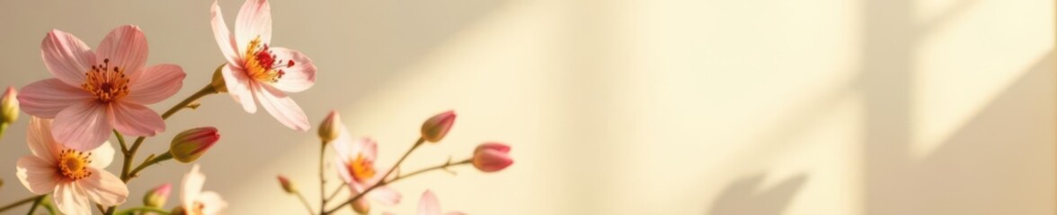 Obraz premium Delicate floral shadows, light brown & cream wall, summer, spring, abstract