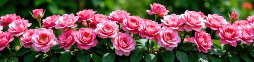 Obraz premium Dense row of pink garden roses, full bloom, lush greenery, close-up, flora, landscaping