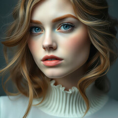 Fototapeta premium Portrait of a Young Woman with Light Brown Hair and Blue Eyes Wearing a White Turtleneck