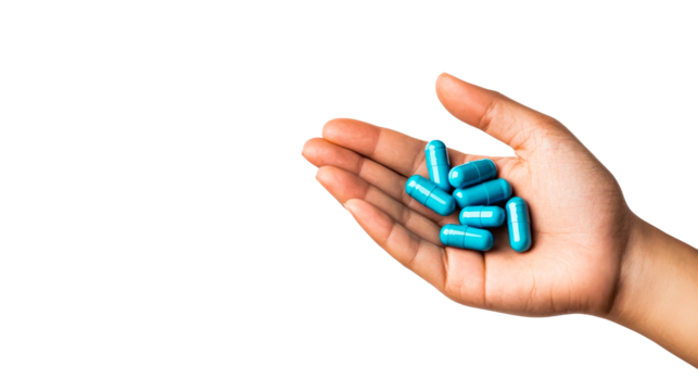 Female palm holding multiple turquoise capsules in her hand. cut out transparent