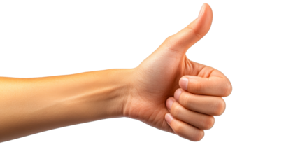 Close-up of hand giving thumbs up gesture, approval, agreement cut out transparent