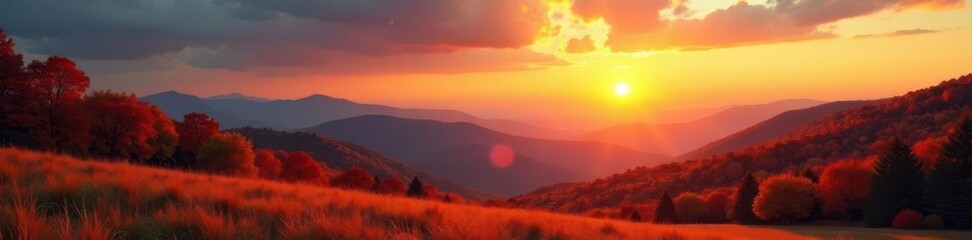Obraz premium Golden hour sun, crescent moon above colorful autumn hills , panorama, landscape