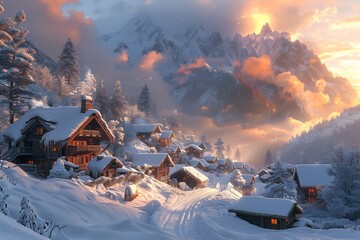 Snowy mountain village nestled alpine valley with wooden cabins thick snow blanket and soft golden winter sun illuminating rooftops