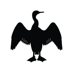 Obraz premium Silhouette of a cormorant bird with wings spread, drying in the sun