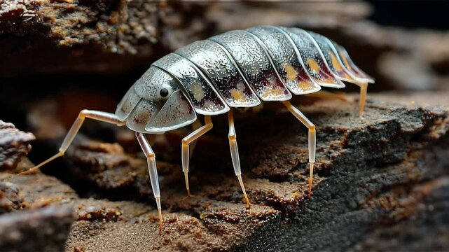 Close-up of a woodlice on textured bark surface
