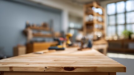 Hyper-realistic shallow focus background of modern clean carpenter workshop with natural warm lighting and empty workbench, minimal industrial atmosphere without tools or people