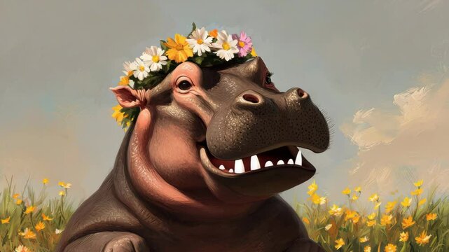 Happy hippopotamus with colorful flower crown in meadow of yellow flowers under blue sky animal