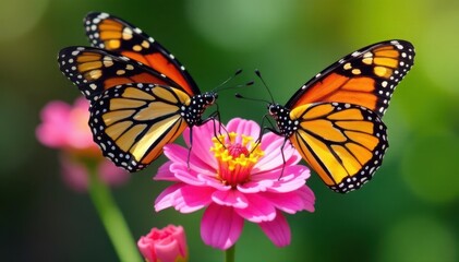 Fototapeta premium Vibrant monarch & swallowtail butterflies on pink , delicate, swallowtail