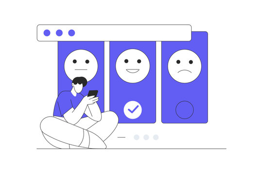 Feedback. Man Character filling survey form. User experiences. Giving review to customer service operator. Satisfaction rating, choosing emoji. Flat Cartoon Vector Illustration, icon. Stylish abstract