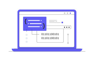 Data filtering. Compiler programming. Software development. Machine language laptop code. Flat Cartoon Vector Illustration, icon. Stylish abstract design landing page