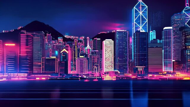 Night cityscape, neon glow, Hong Kong, futuristic vibe, digital art, stock photo