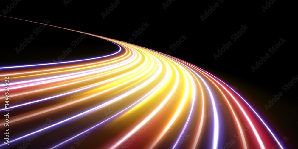 Poster light trail wave, fire path trace line, car lights, optic fiber and incandescence curve twirl. high 