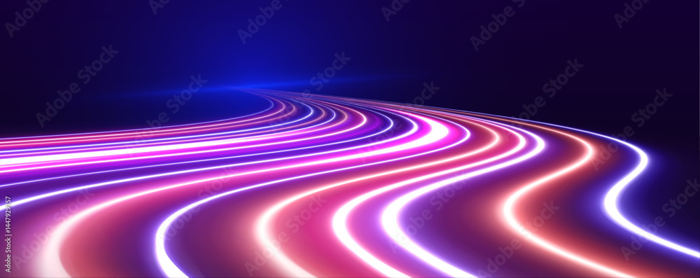 Poster Abstract light lines of movement and speed with purple color sparkles. Laser beams luminous abstract sparkling isolated on a transparent background. Abstract neon color glowing lines background.	
