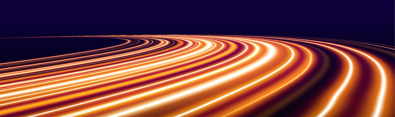 Neon yellow color glowing lines background, high-speed light trails effect. Expressway in long delay, with car lights at night on autobahn. 