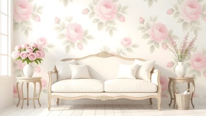 A beautiful, light and airy living room, showcasing a delicate floral wallpaper featuring soft pink roses.