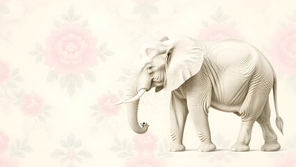 Fototapeta premium A serene image of a large, white elephant positioned against a backdrop of light pink and cream floral patterns.