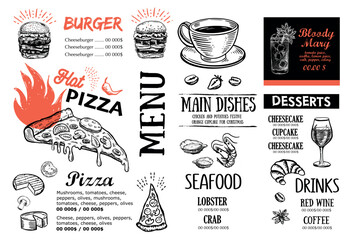 Pizza food Menu, Restaurant, Cafe, template design. Hand drawn illustrations.