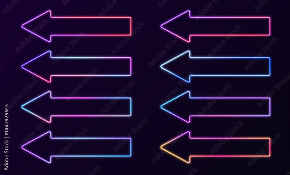 Poster set of neon arrows wall sign lamps isolated on transparent background. bright gradient direction sym