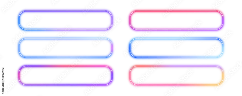 Poster Gradient neon frames with bright light, led rectangular borders on white background in PNG format. Abstract background with space for your text. 