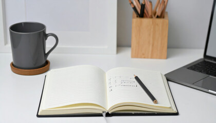 Naklejka premium Open Notebook with Pencil and Coffee on Minimalist Desk