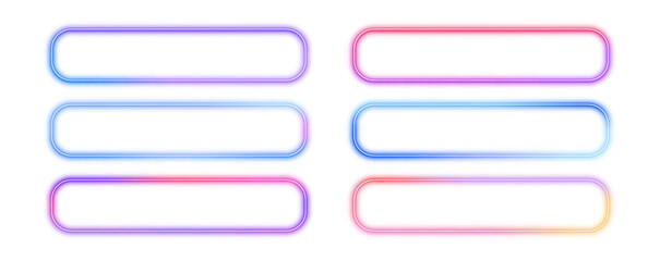 Gradient neon frames with bright light, led rectangular borders on white background in PNG format. Abstract background with space for your text. 