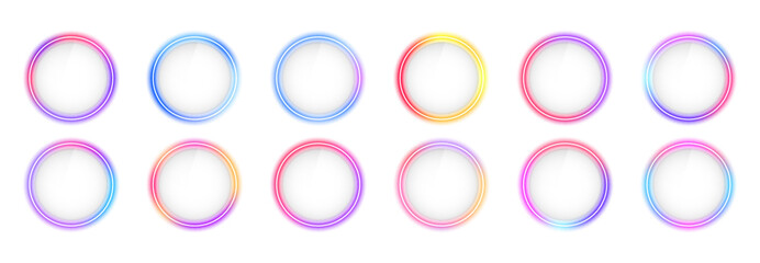 Set of glowing neon lighting isolated on white background in png format. Collection of glowing neon frame lighting round lines on background. Set of blue, pink purple, green glowing round wavy speed. © ikril