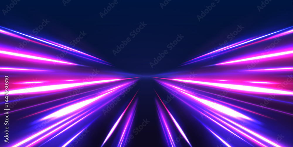 Poster Neon stripes in the form of drill, turns and swirl. Speed of light concept background. Abstract background rotational border lines.	