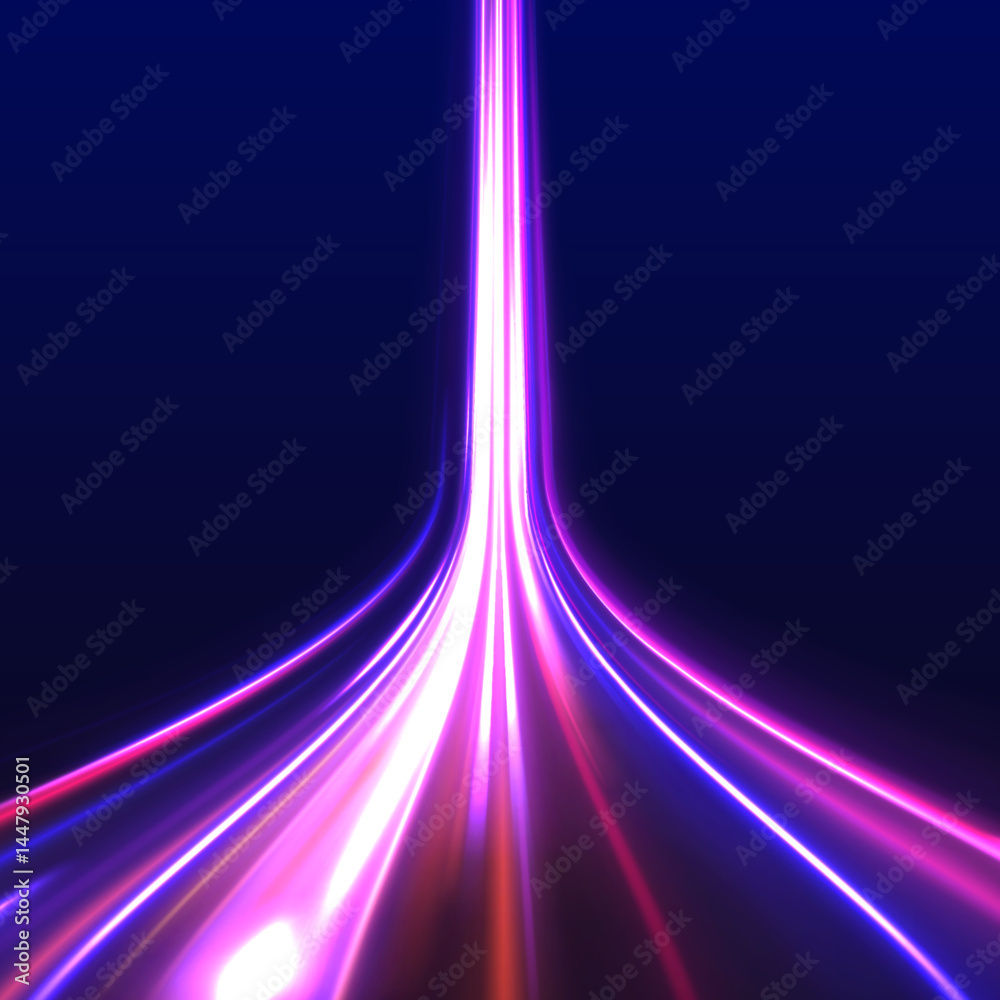 Poster High-speed light line in the form of a road and a highway in a night city. Lines in the shape of a comet against a dark background. Neon stripes in the form of drill, turns and swirl.	