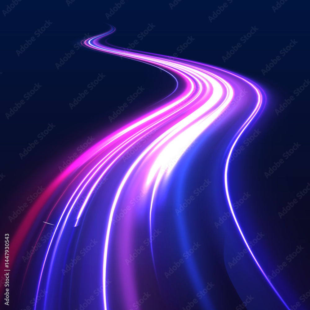 Leinwandbilder High-speed light line in the form of a road and a highway in a night city. Lines in the shape of a comet against a dark background. Neon stripes in the form of drill, turns and swirl.	