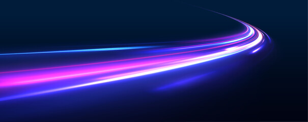 Particle motion light effect. Abstract fire flare trace lens flares. Long exposure of motorways as speed. Luminous sparkling lines, glowing violet speed rays.	