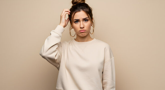 Confused Brunette Woman in White Sweater with Hand on Head on Neutral Beige Background