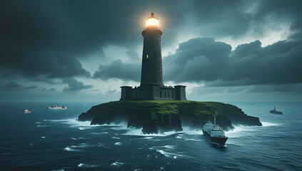 An ancient stone lighthouse in the middle of a stormy ocean, stretching far above the clouds, its top glowing with unknown light. Ships drift below like insects. Hyper-detailed surreal maritime landsc