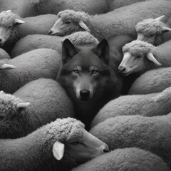 a lone wolf hidden in plain sight among a dense flock of sheep. The wolf in sheep clothing. psychological concepts, leadership contrasts, or metaphorical designs around trust, betrayal, and identity.