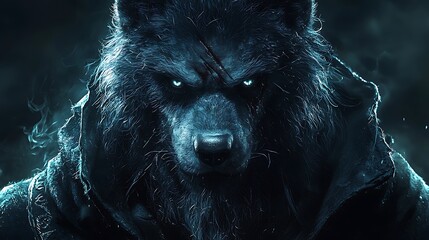Glowing Blue Wolf Portrait with Scar