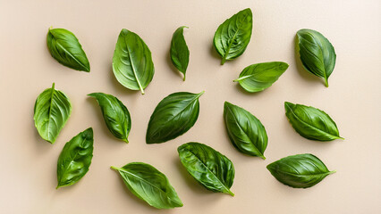 Multiple holy basil leaves scattered on a light beige background, clean flat lay style, high-resolution for herbal and natural design use.
