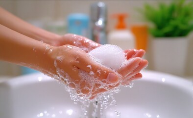 Fototapeta premium A person is washing hands with soap, creating bubbles and lather over a sink in a clean bathroom.